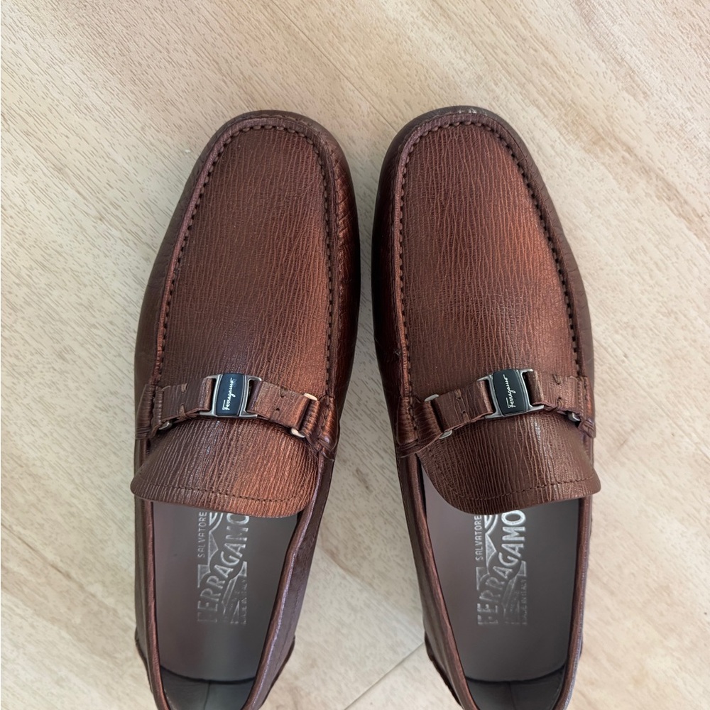 Salvatore Ferragamo Brown Leather Loafers with Moccasin Stitching